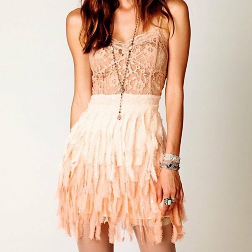 RARE Vintage Free People beige and peach ombre lace and feather chiffon dress S